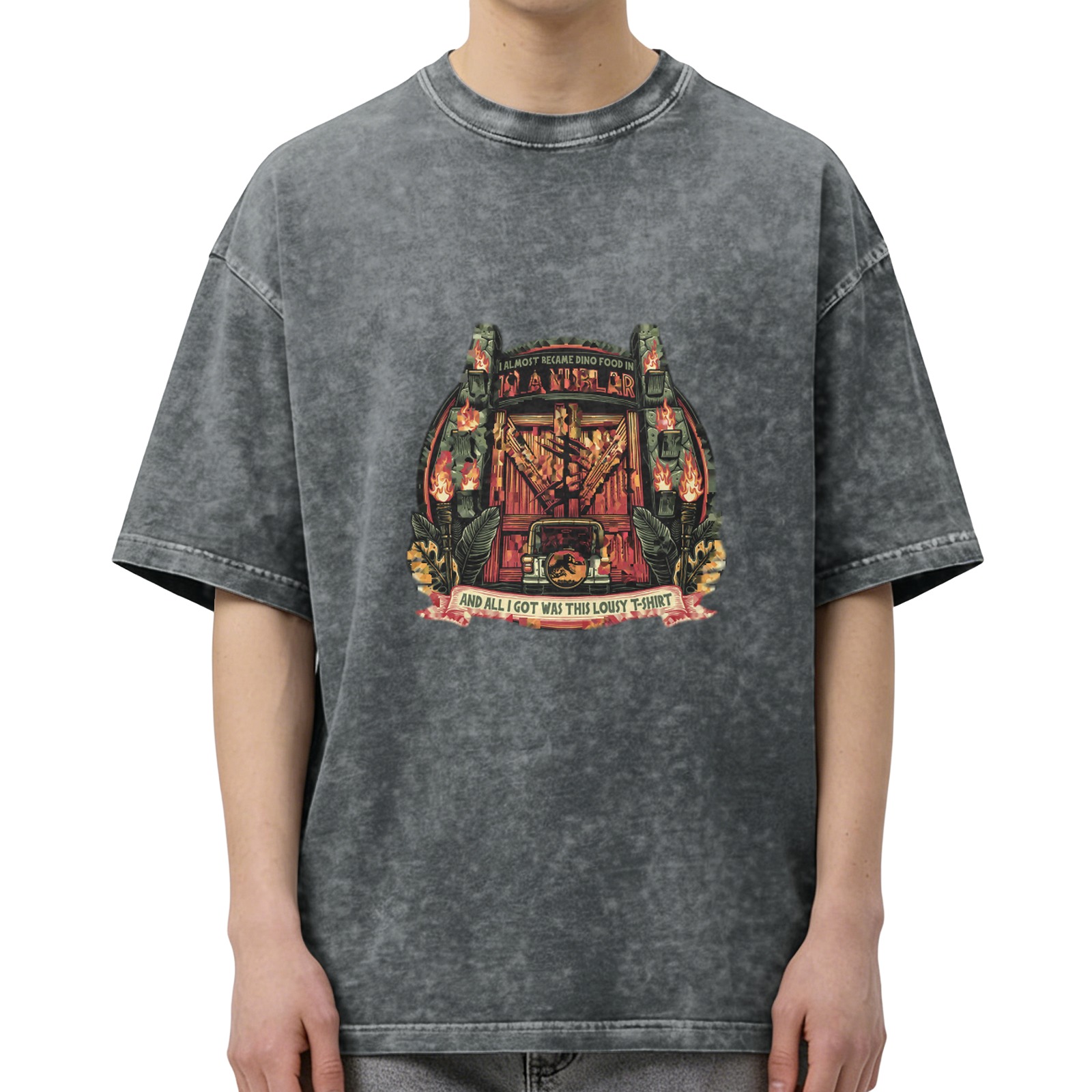 Oversized Vintage Wash Graphic T-Shirt with Dinosaur Themed Print