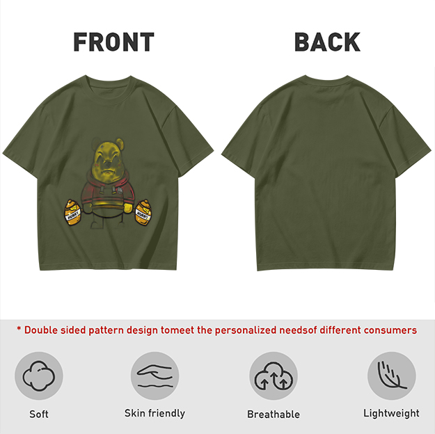 Olive T-shirt with Grumpy Winnie the Pooh Holding Honey Jars