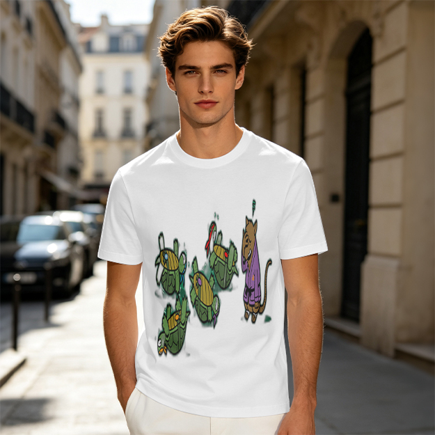 Olive Graphic Tee With Ninja Turtles and Splinter Print