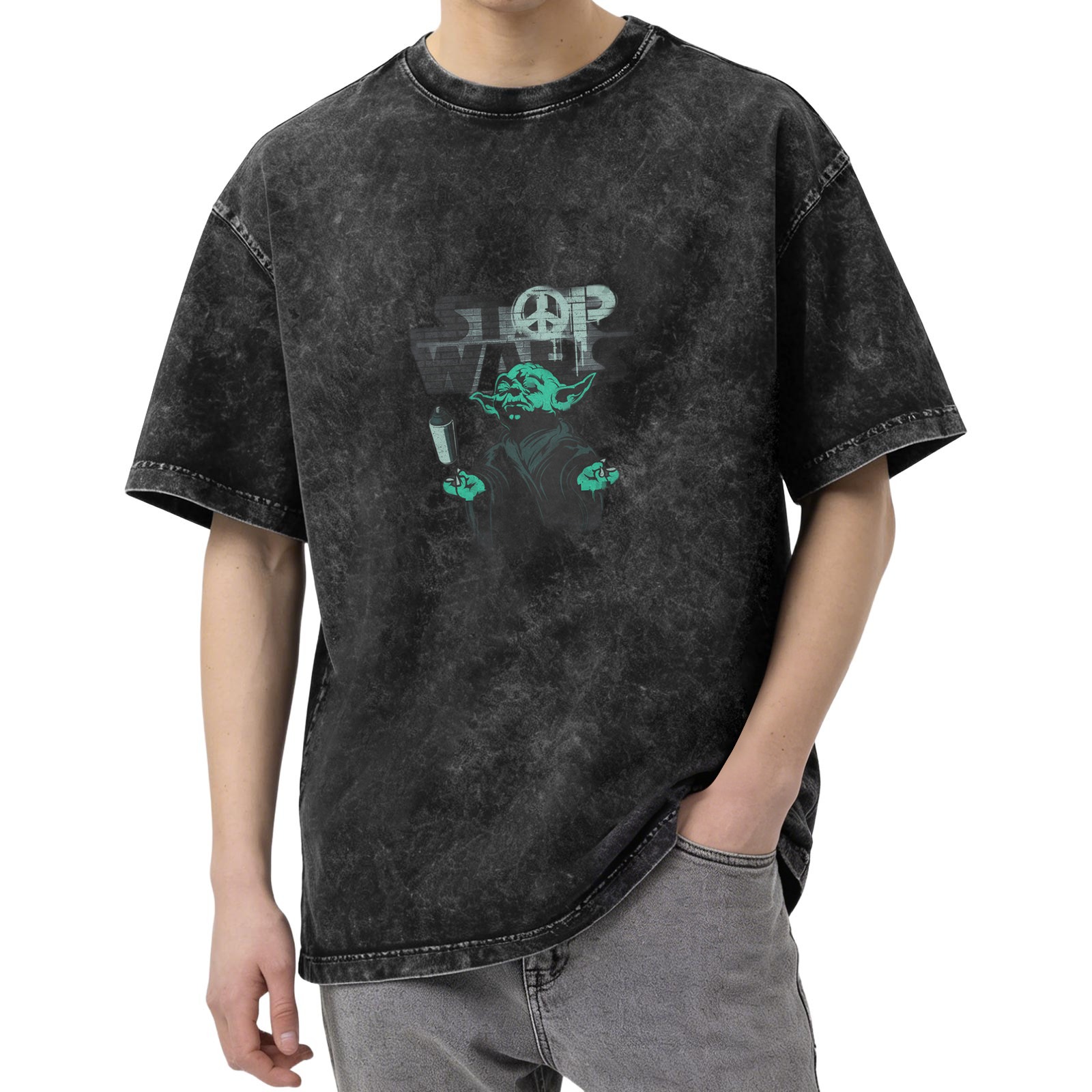 Distressed washed black loose short-sleeved T-shirt Star Wars themed Yoda peace anti-war printed top