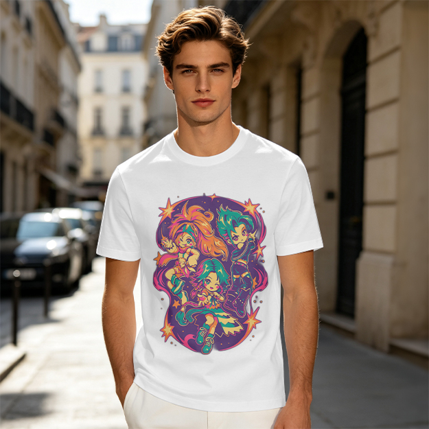 Olive T-Shirt With Vibrant Anime Chibi Characters Graphic Print