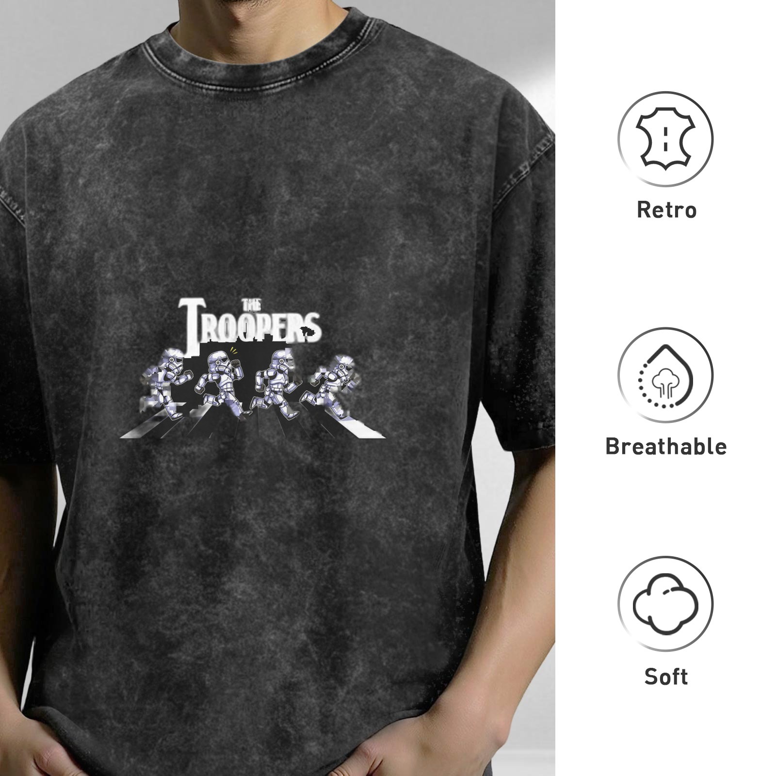 Oversized dark washed graphic t-shirt with Star Wars troopers Abbey Road parody
