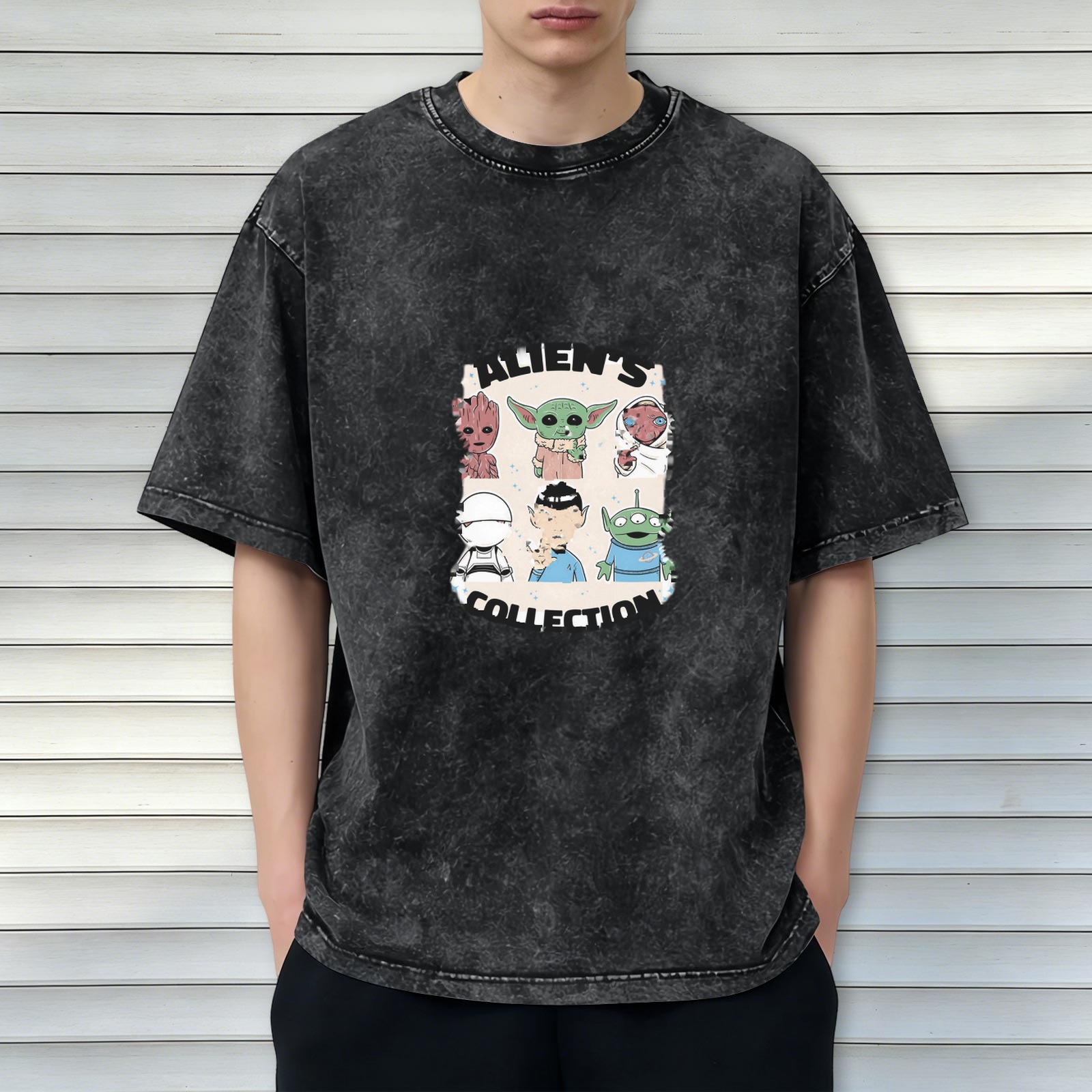 Washed Black T-Shirt with Alien's Collection Graphic Print