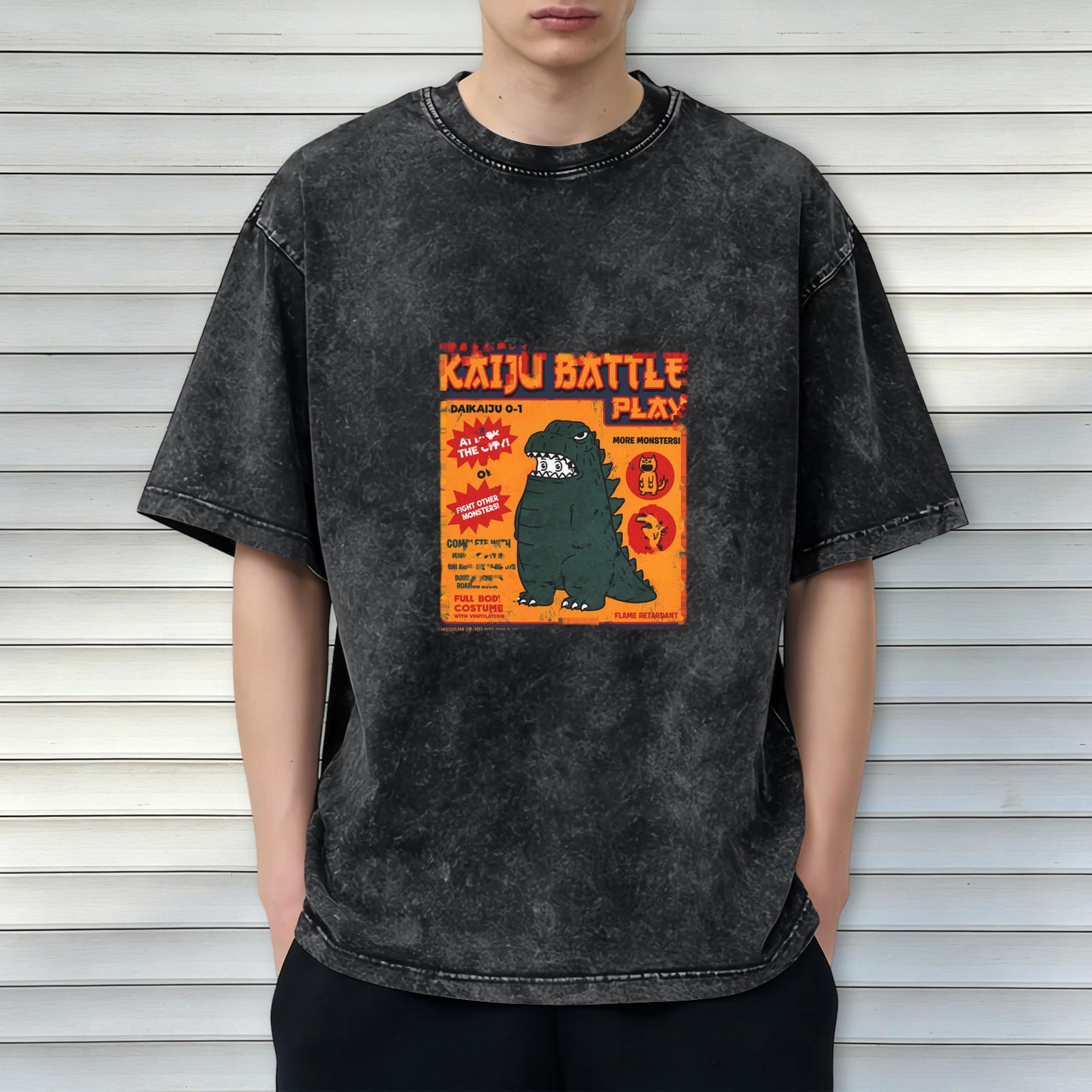 Kaiju Battle Play Graphic Oversized Acid Wash T-Shirt