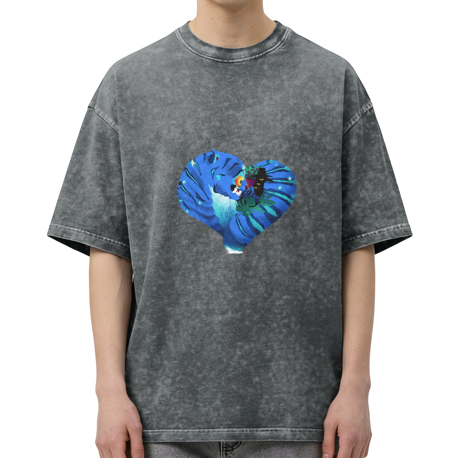 Washed Black T-Shirt With Heart Shaped Peacock Graphic