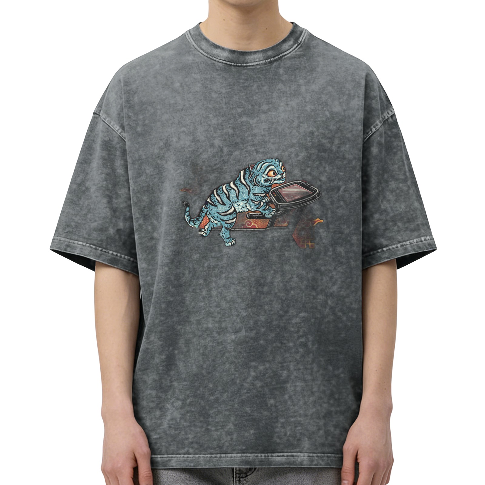 Oversized acid wash t-shirt with blue tiger riding retro device graphic