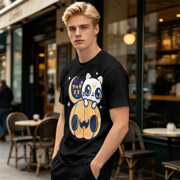 Cute white cat on jack-o'-lantern Halloween graphic tee