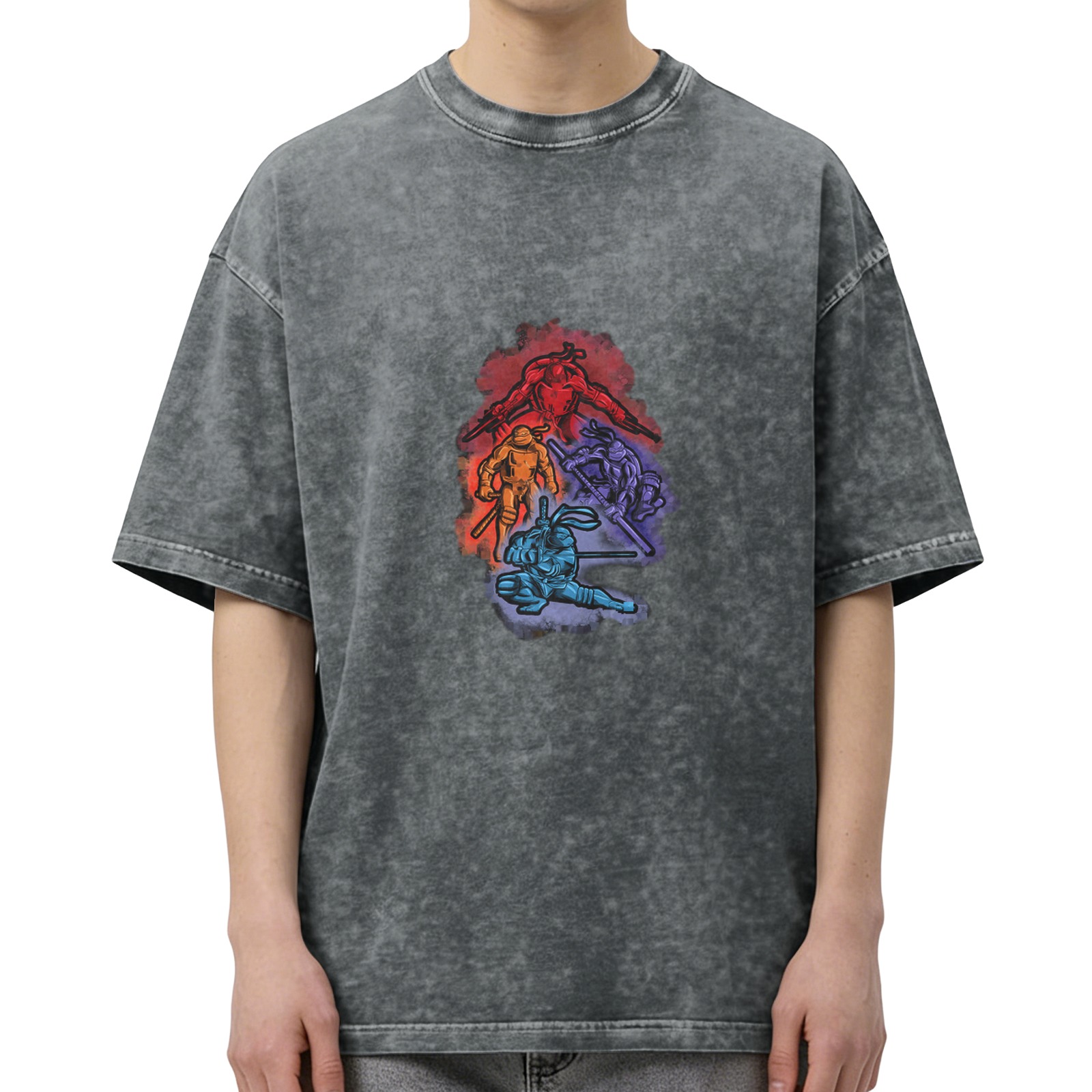 Washed Black Oversized T-Shirt With Ninja Turtle Graphic Print