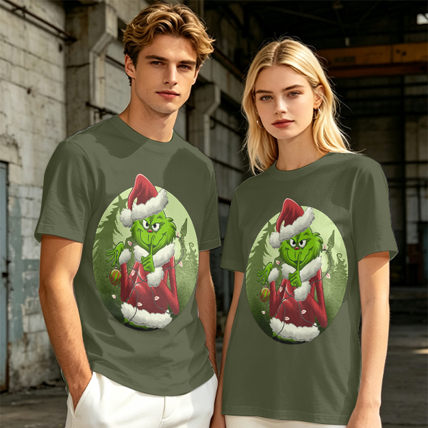 Olive Green T-Shirt Featuring The Grinch In Santa Costume