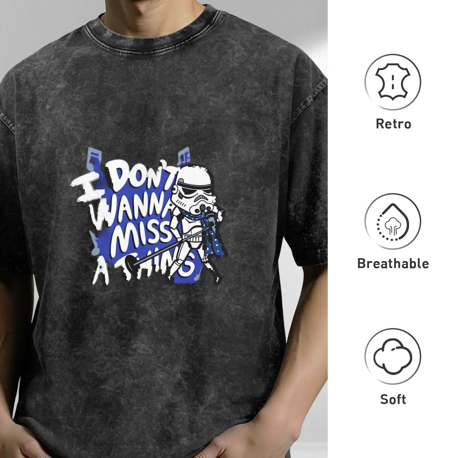 Washed Black T-Shirt With Stormtrooper Singer Graphic and I Don't Wanna Miss A Thing Text