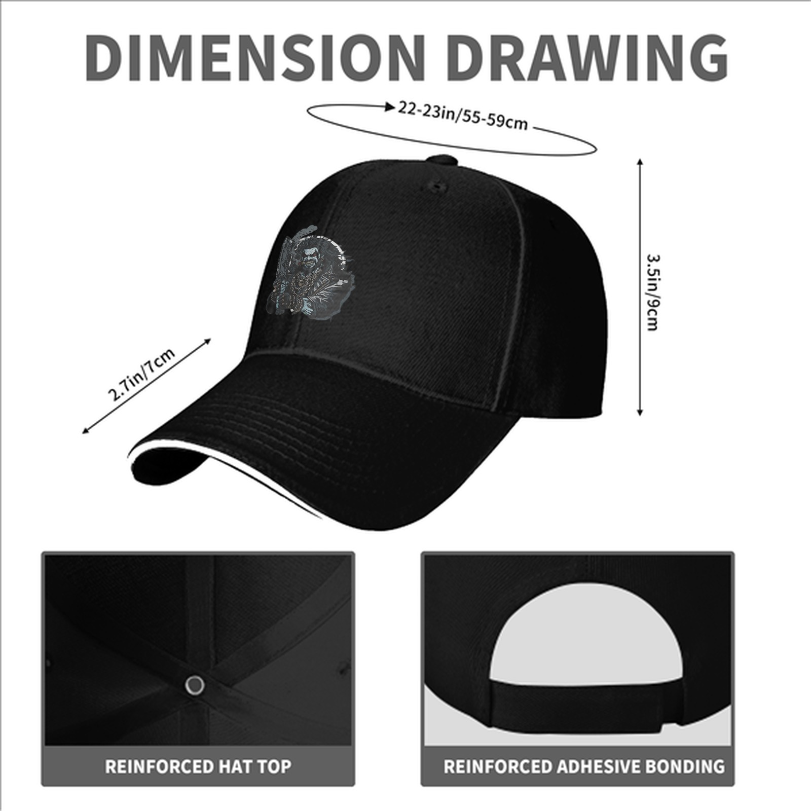 Black Baseball Cap With Tough Biker Character Graphic Print