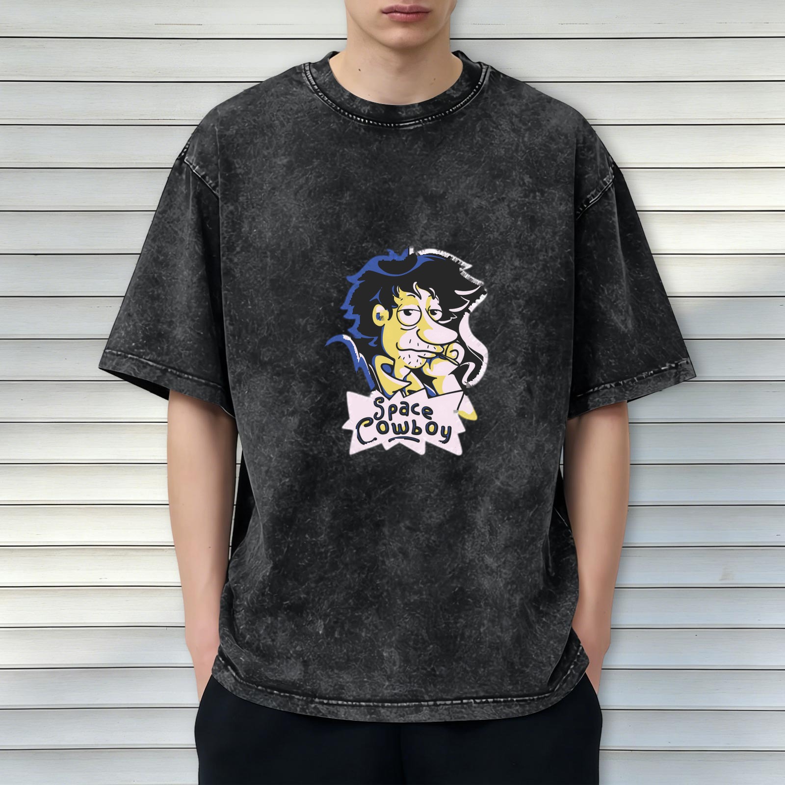 Washed Black T-Shirt with Space Cowboy Cartoon Graphic Print