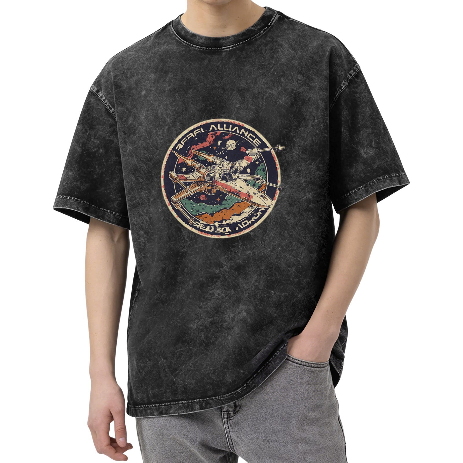Distressed washed black round neck short-sleeved T-shirt Retro Space Alliance spaceship printed casual top
