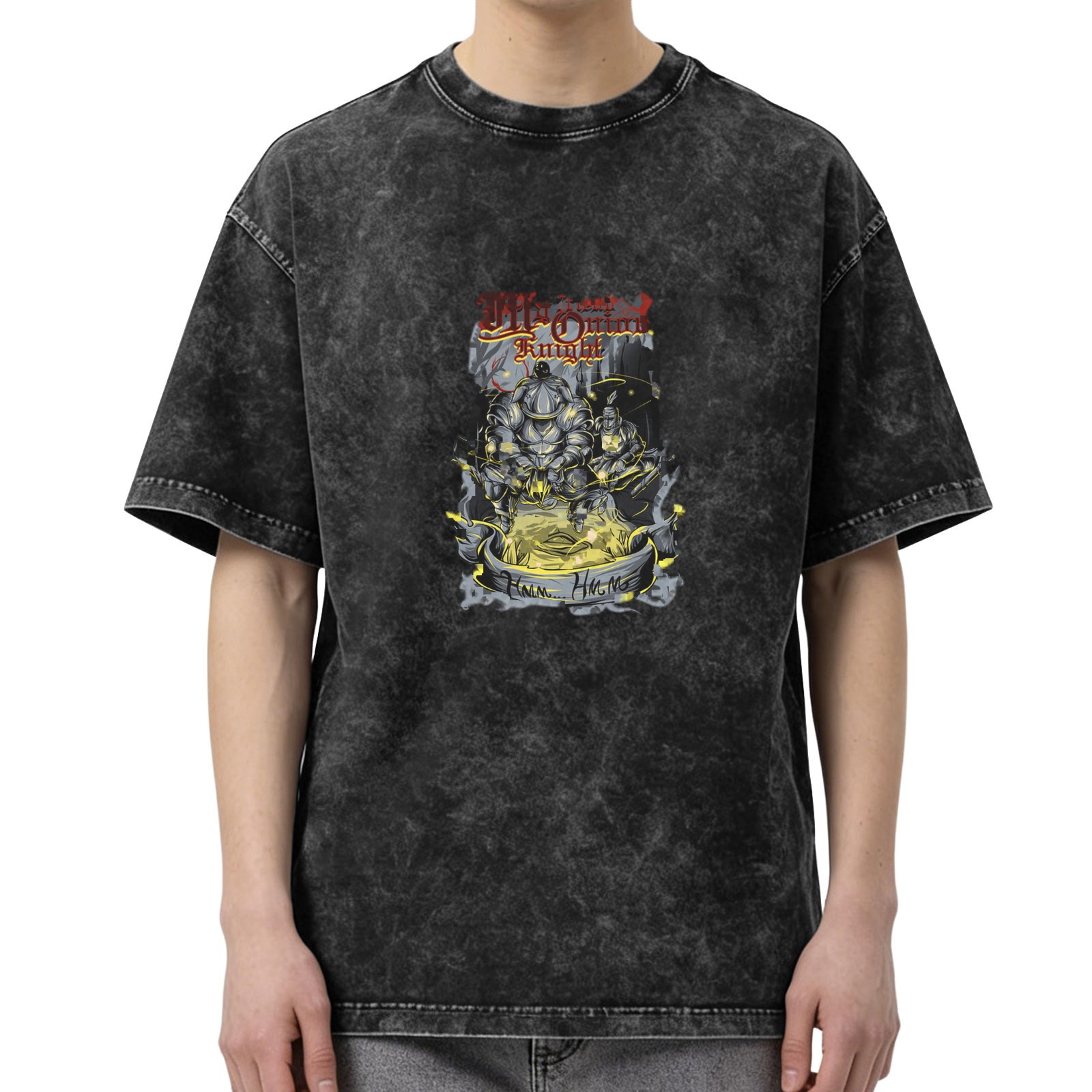 Oversized Stonewashed Black T-Shirt With Fantasy Knight Graphic Print