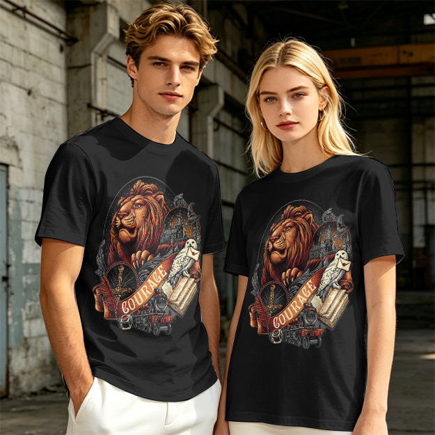 Olive T-Shirt With Lion Courage Themed Fantasy Art Print