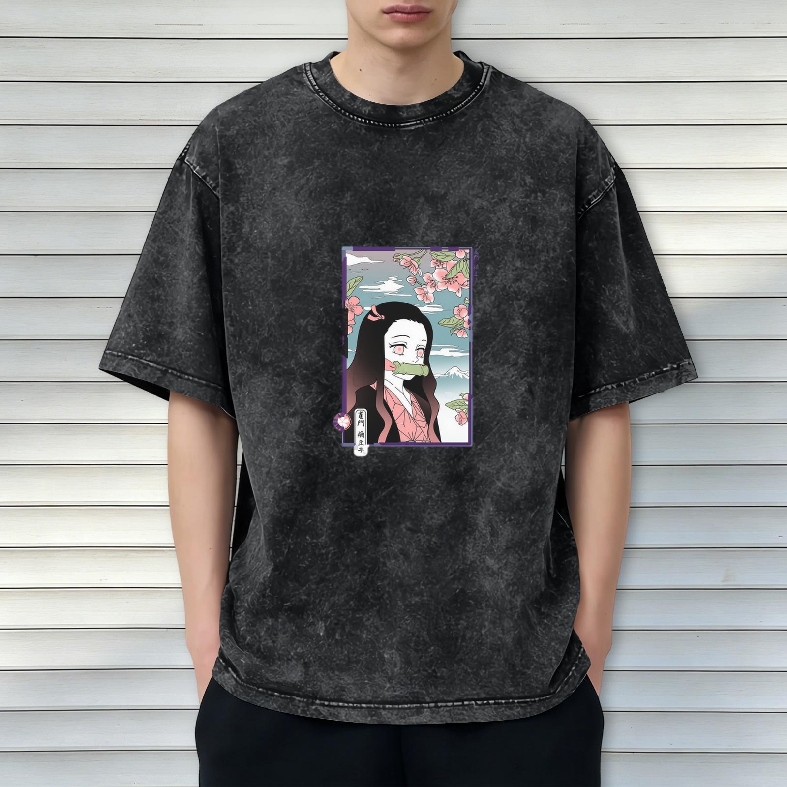 Demon Slayer: Kimetsu no Yaiba Nezuko themed old washed black loose short-sleeved T-shirt