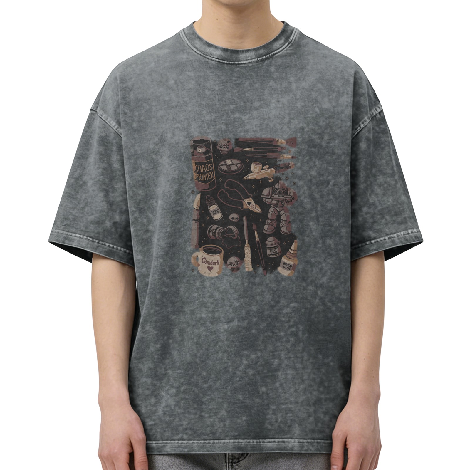 Oversized Acid Wash T-Shirt With Miniature Hobbyist Graphic Print