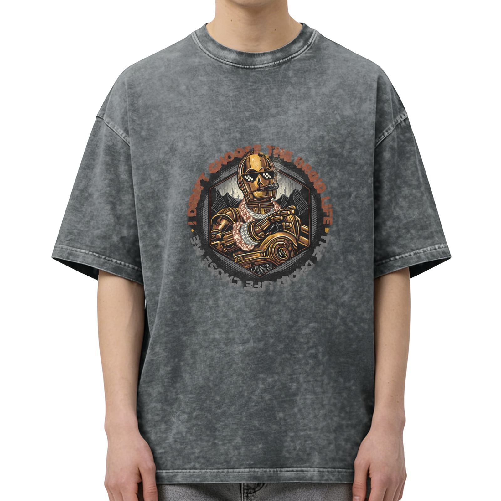 Washed black graphic t-shirt with droid hip hop design