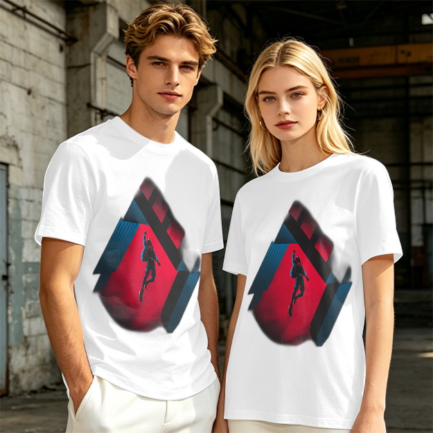 Olive T-shirt with Spider-Man mid-swing over city buildings