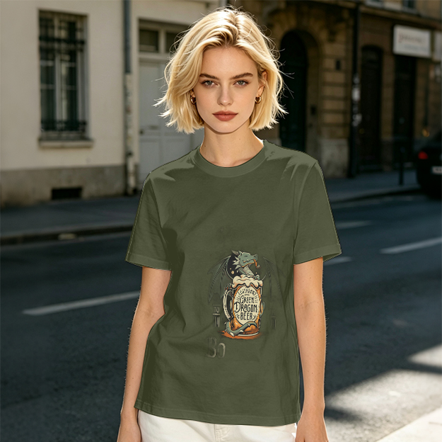 Olive Green T-Shirt with Dragon Beer Mug Graphic Print