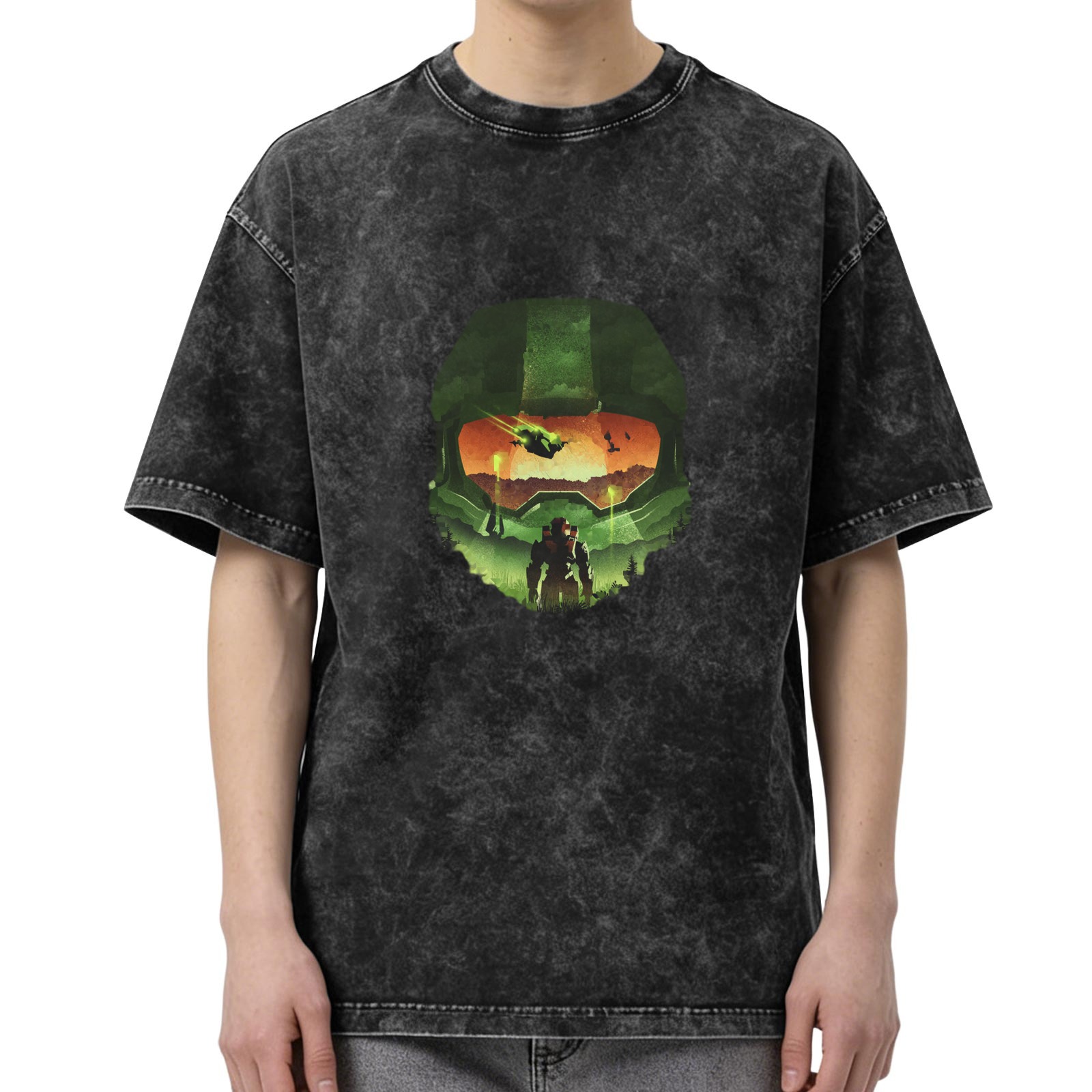 Halo Master Chief Helmet Silhouette Graphic Acid Wash T-Shirt