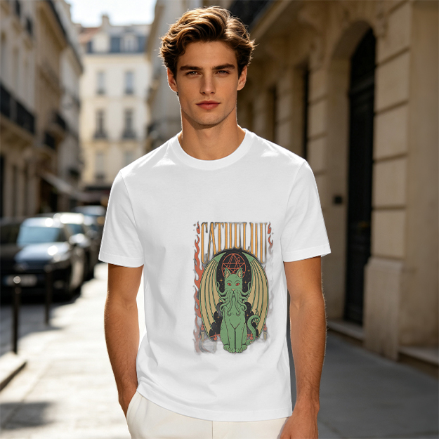 Olive T-shirt with Cthulhu Cat Graphic Print