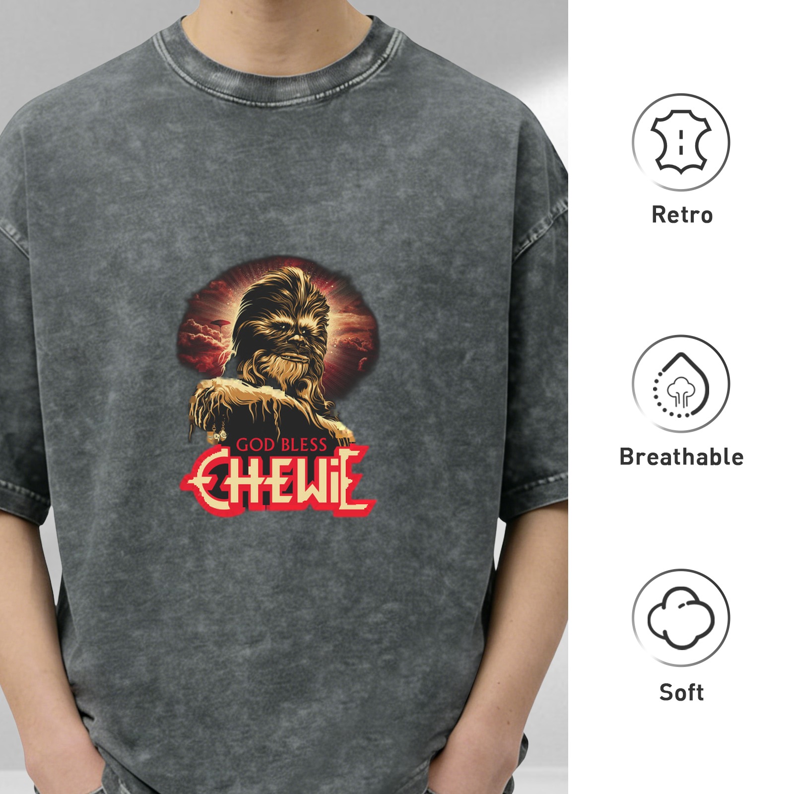 Washed Black Star Wars Chewbacca Graphic T-Shirt God Bless Chewie