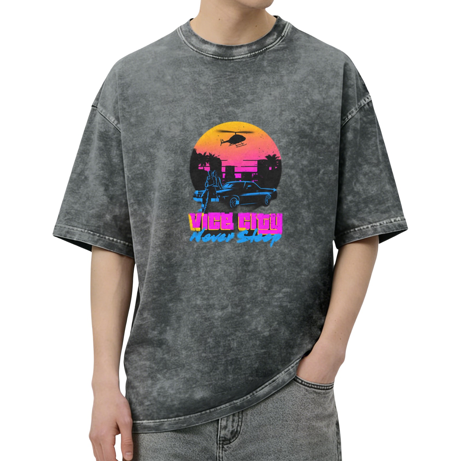 Vice City Never Sleep Retro Graphic Acid Wash T-Shirt