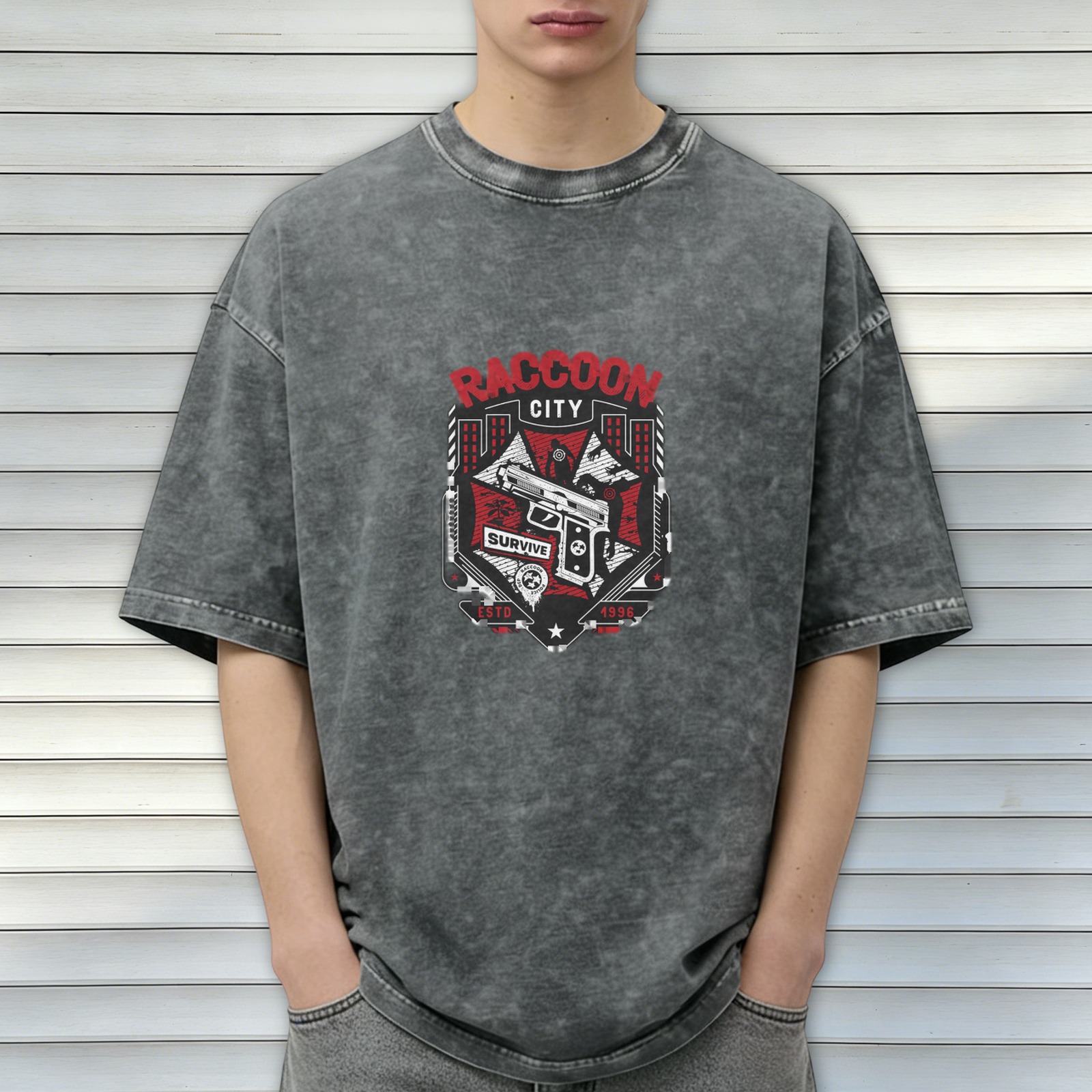 Raccoon City Survive Graphic Acid Wash Black T-Shirt
