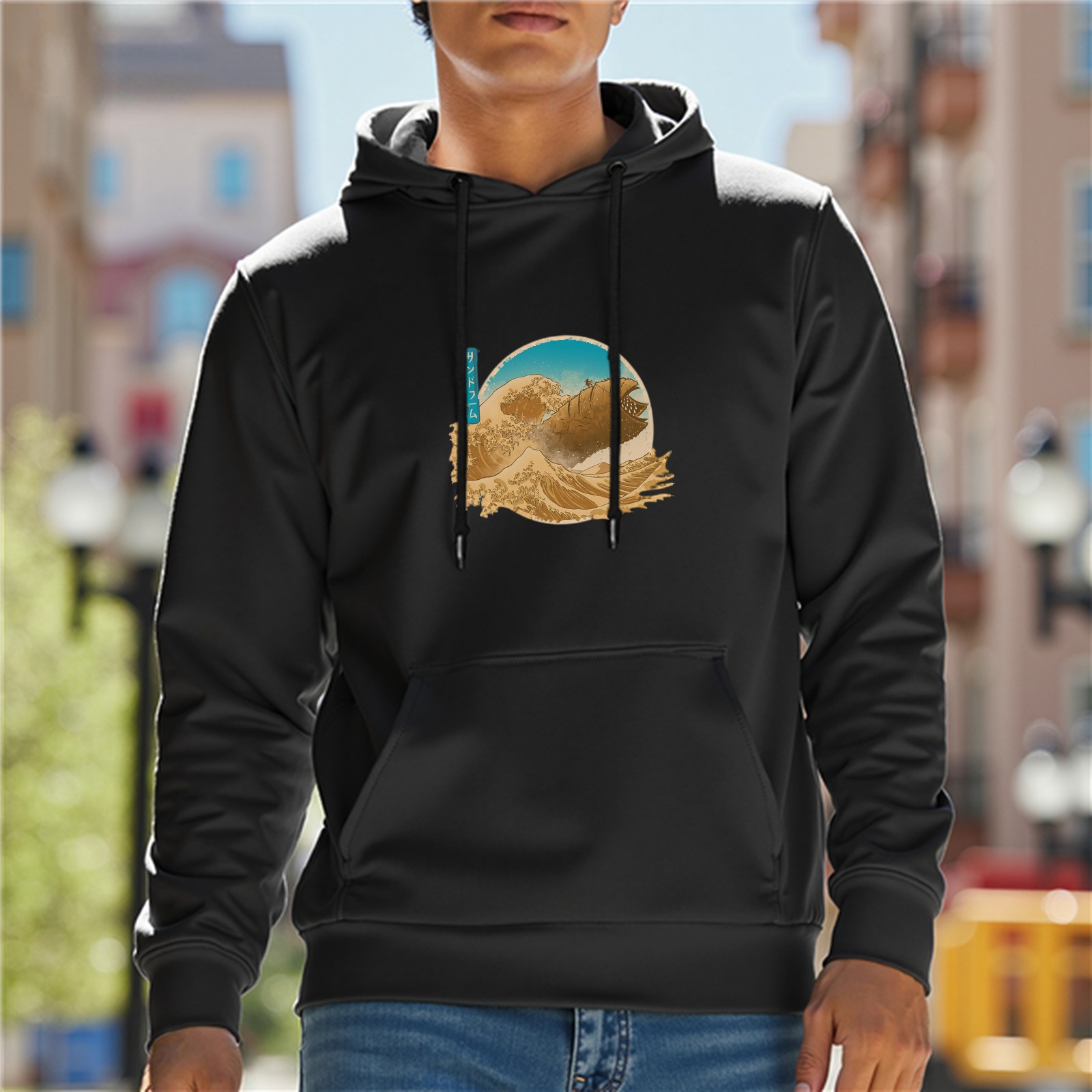 Black Hoodie With Japanese Wave Art Graphic Print