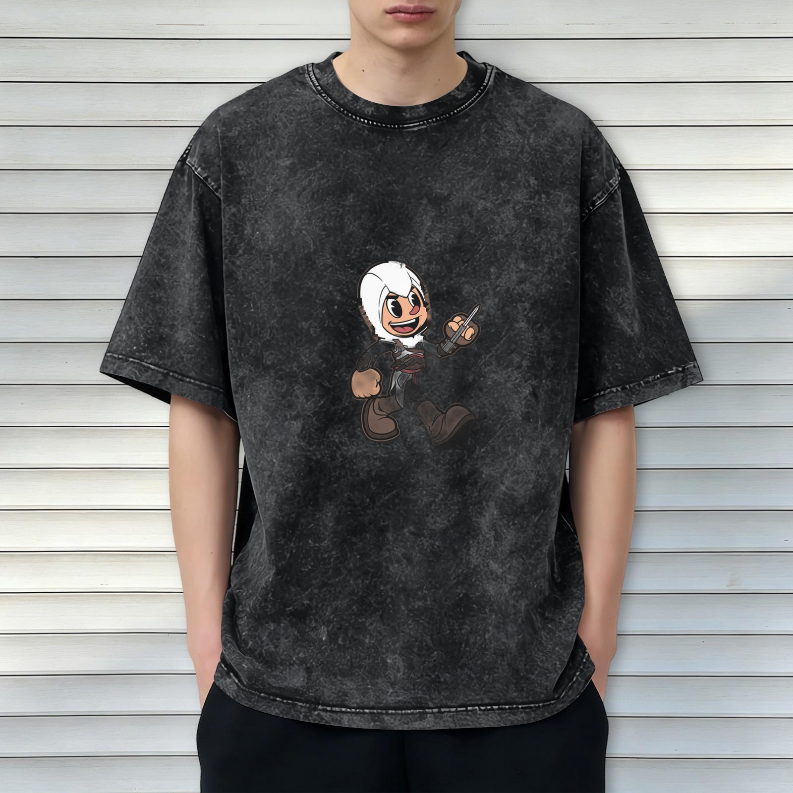 Oversized Acid Wash T-Shirt With Cartoon Assassin Print
