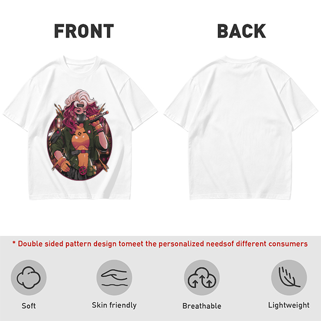 Olive T-Shirt with Anime Cyberpunk Female Warrior Print