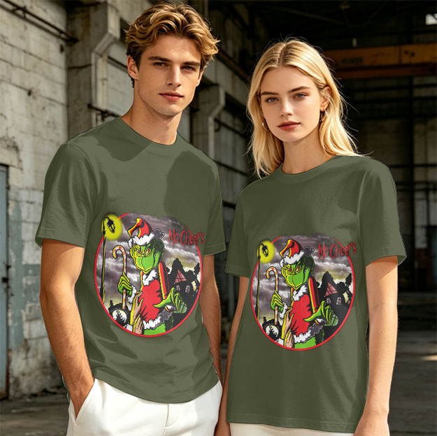 Olive T-shirt with Grinch 'No Cheers' Christmas Graphic Print