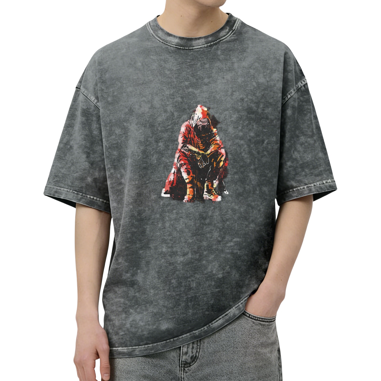 Oversized Acid Wash T-Shirt With Hooded Figure Graphic