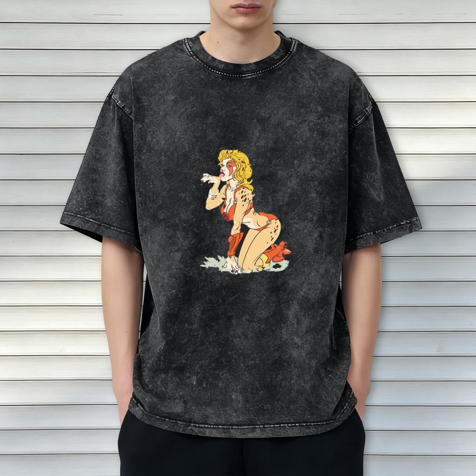 oversized acid wash t-shirt with retro cheetah girl graphic print