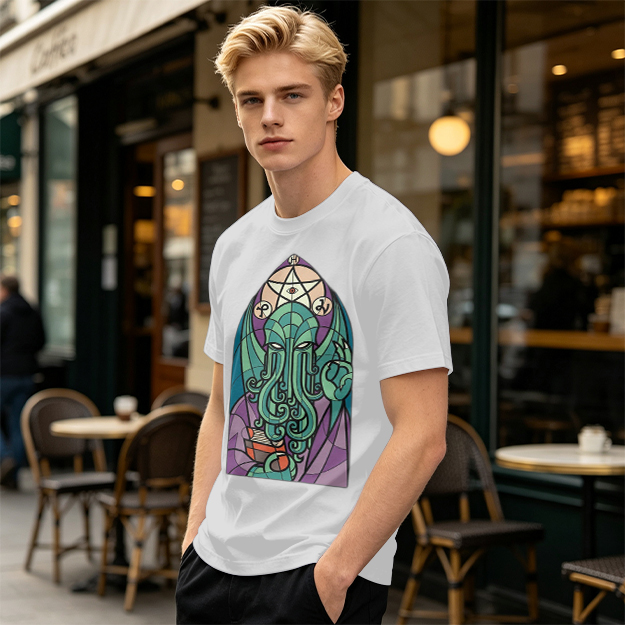 Olive T-Shirt with Stained Glass Style Cthulhu Occult Print
