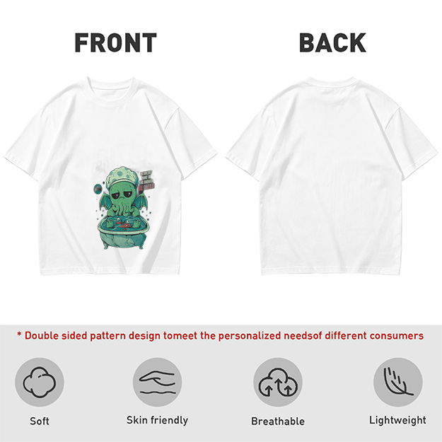 Olive T-shirt with Cute Sad Cthulhu Bathing Graphic