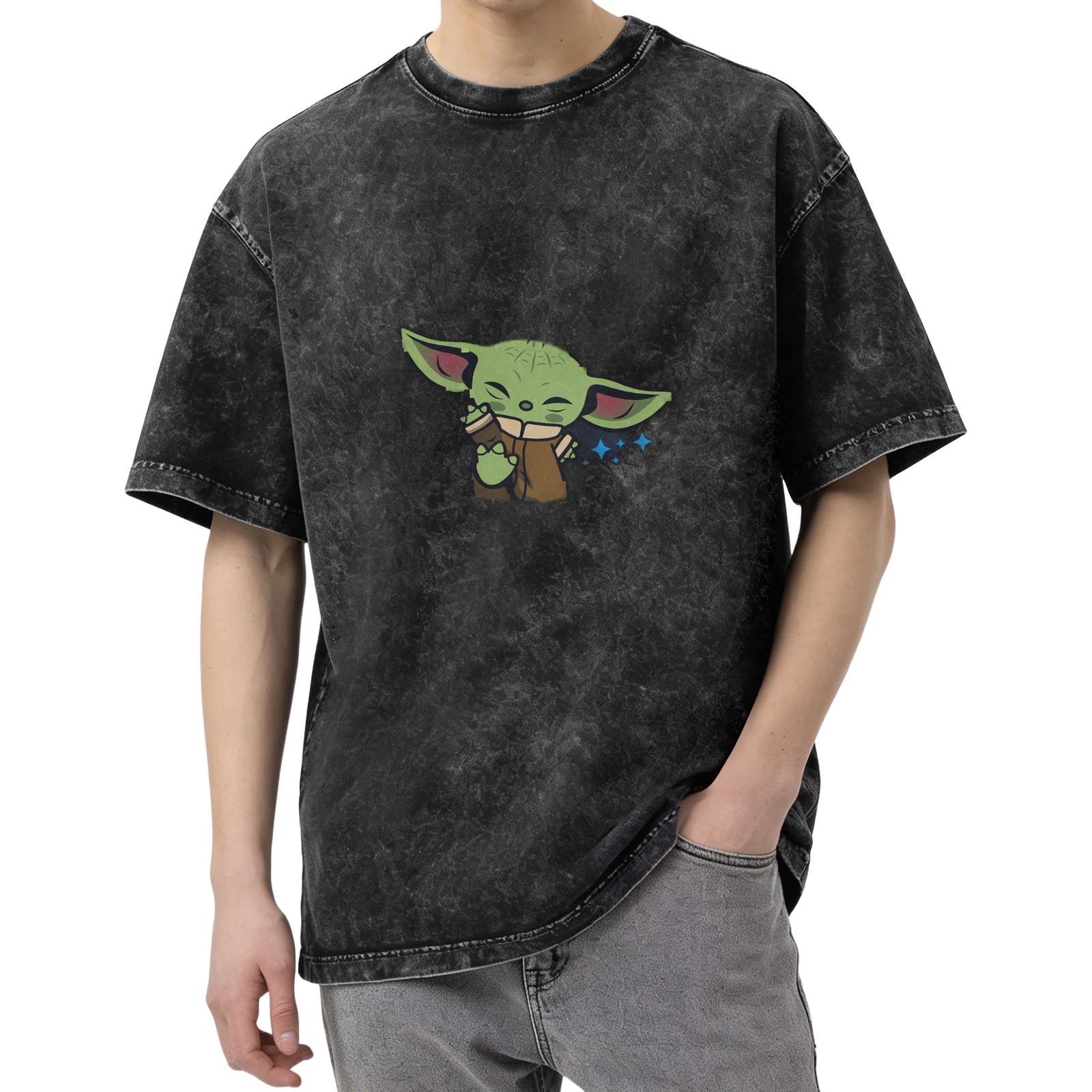 Washed black graphic t-shirt with cute Baby Yoda print