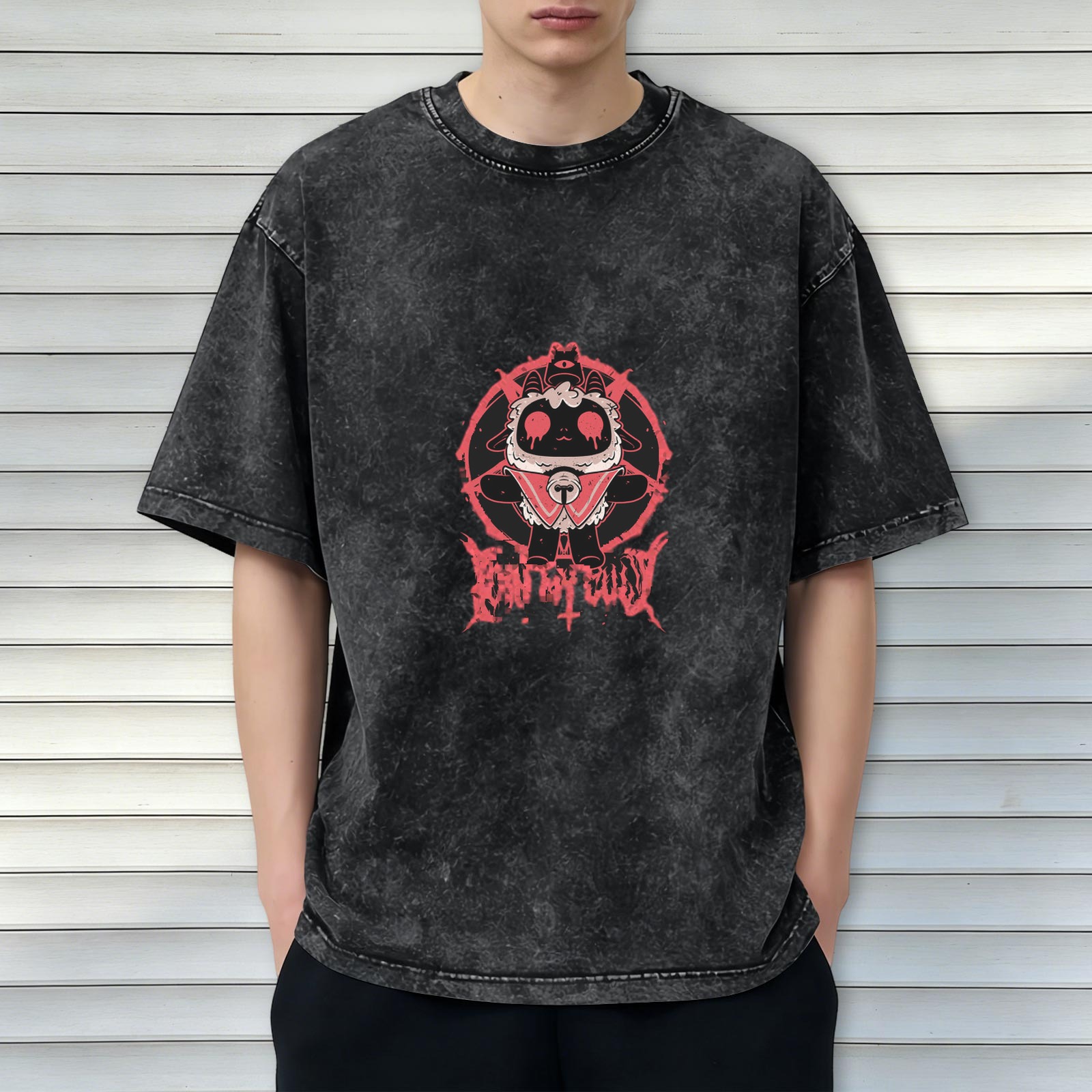 Cult of the Lamb Dark Gothic Graphic Oversized Stone Wash T-Shirt