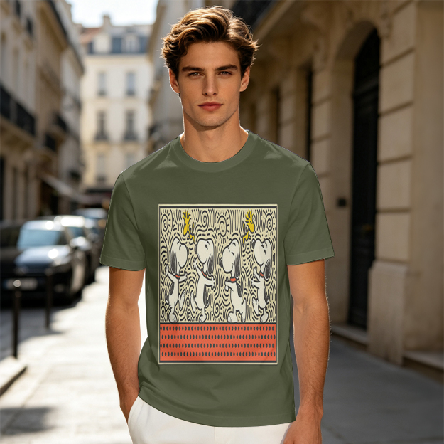 Olive T-shirt with dancing Snoopy and Woodstock graphic print