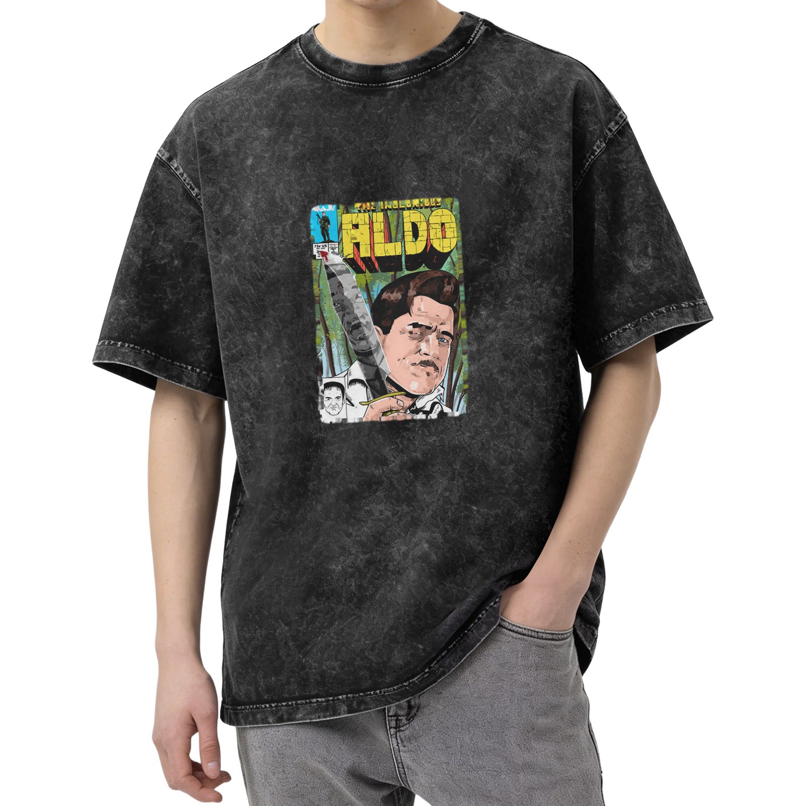 Washed Black T-Shirt with Aldo Comic Book Style Graphic Print