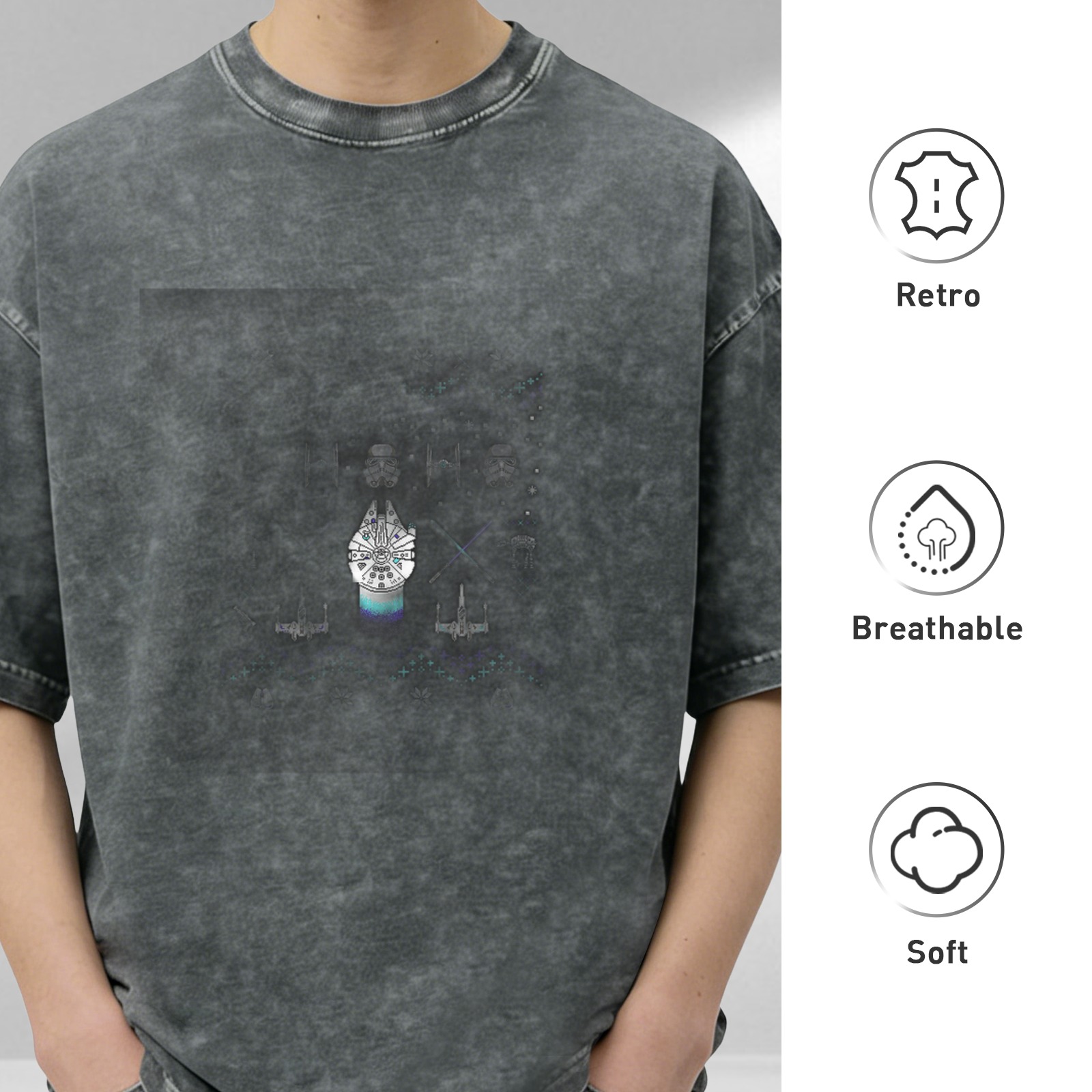 Oversized Dark Wash T-Shirt with Subtle Space Ship Graphic
