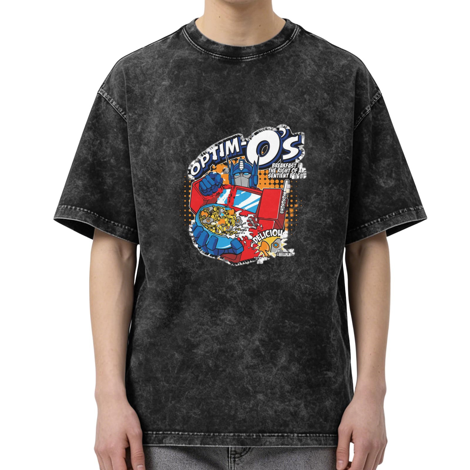 Washed Black T-Shirt with Optim-O's Transformers Graphic Print