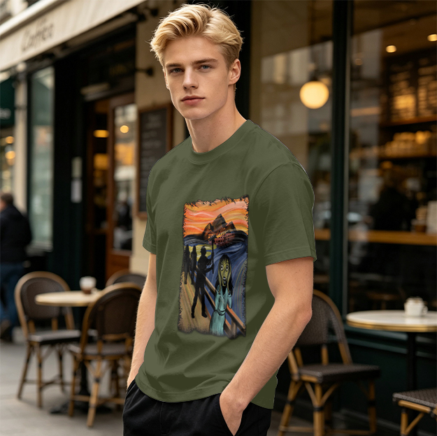 Olive T-shirt with The Scream Parody Art Print
