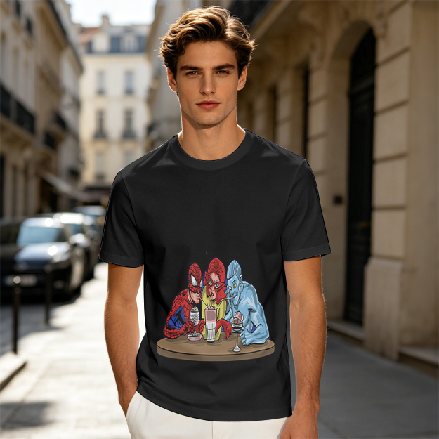 Olive T-Shirt With Superhero Characters Sharing Drinks Print