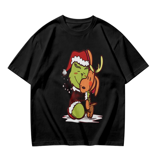 Olive Christmas T-Shirt Featuring Grinch Hugging Max The Reindeer