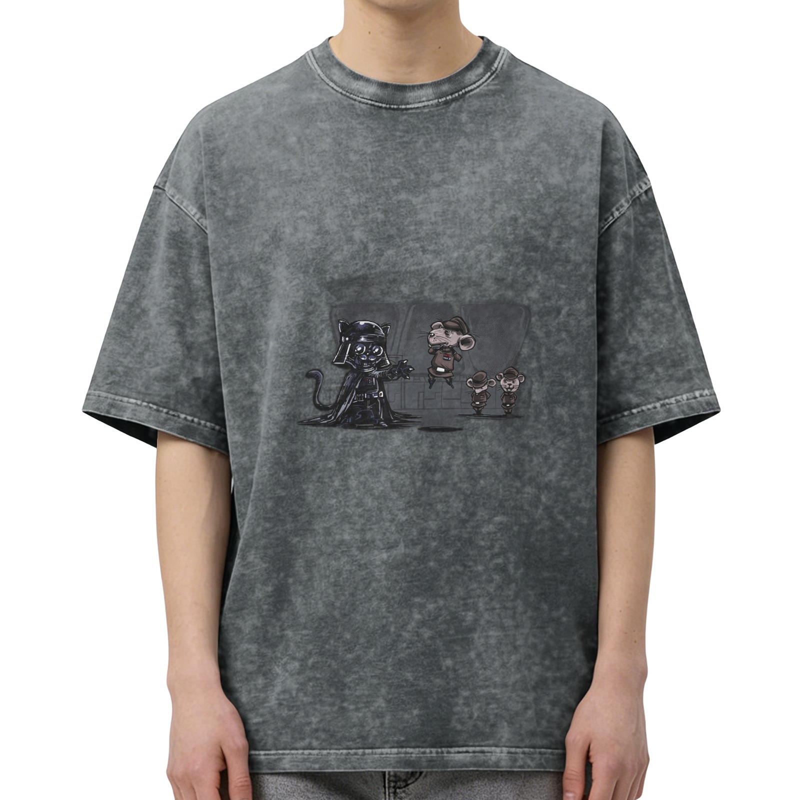 oversized acid wash t-shirt with cat vader and mouse parody graphic