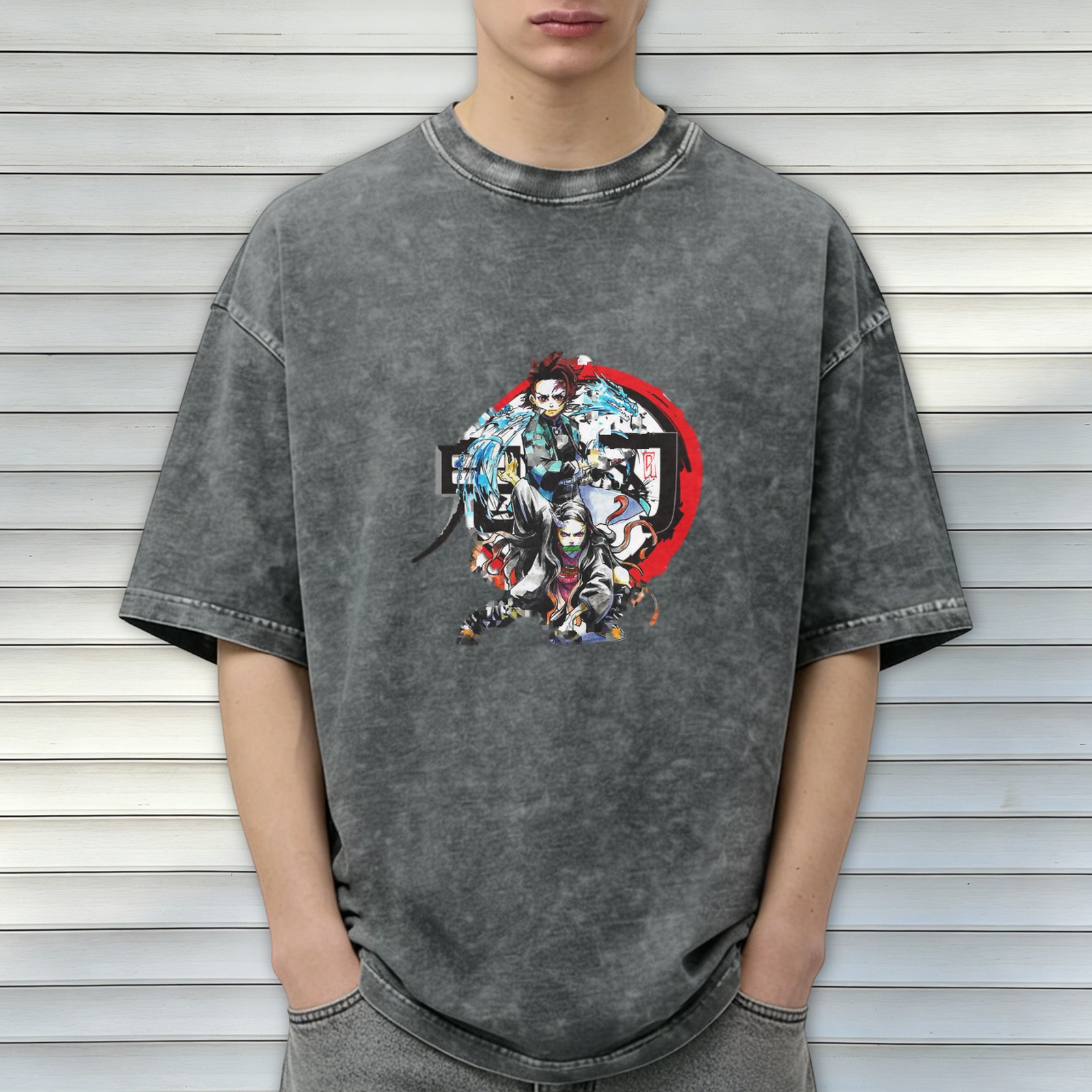 Demon Slayer Anime Graphic Oversized Stone Wash T-Shirt