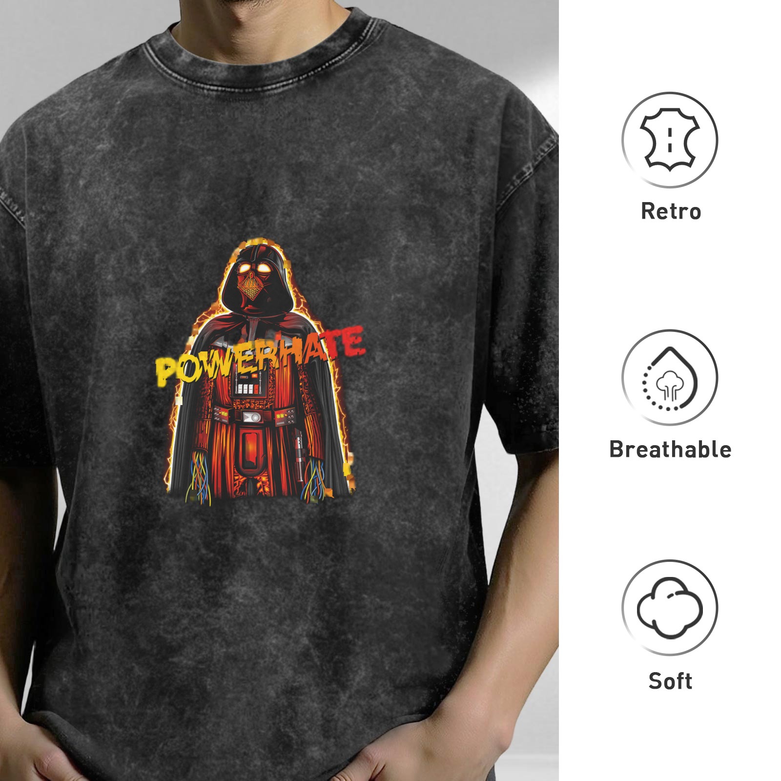 Washed black graphic t-shirt with Darth Vader style 'POWERHATE' print