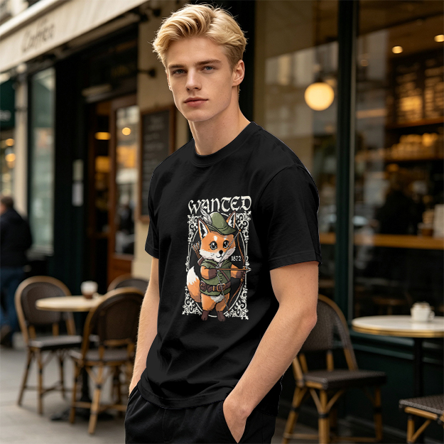Olive green t-shirt with cute fox archer 'WANTED' graphic